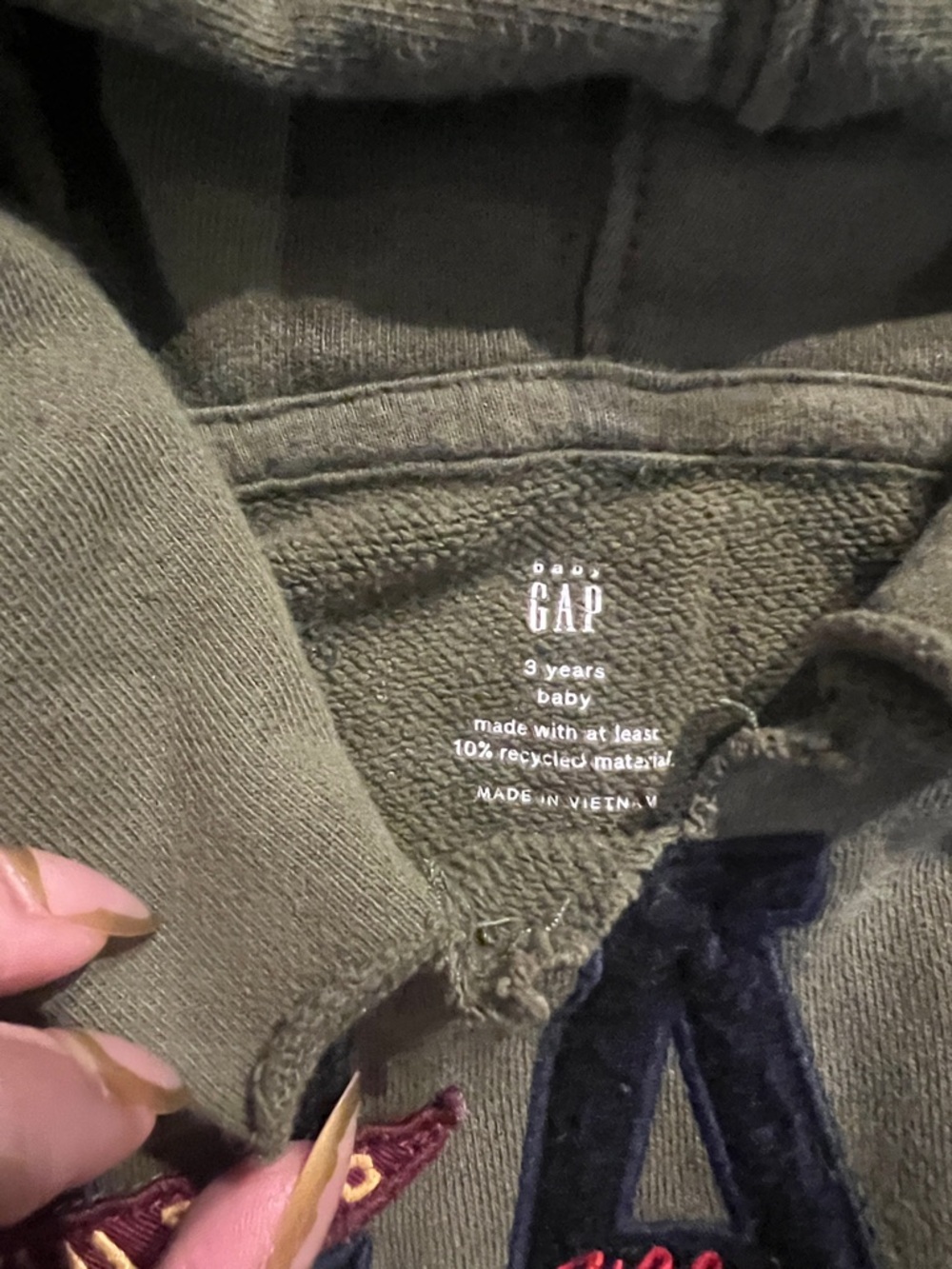 GAP Olive Green Hooded Sweatshirt with Navy Applique and Yellow Accents - Picture 2 of 3